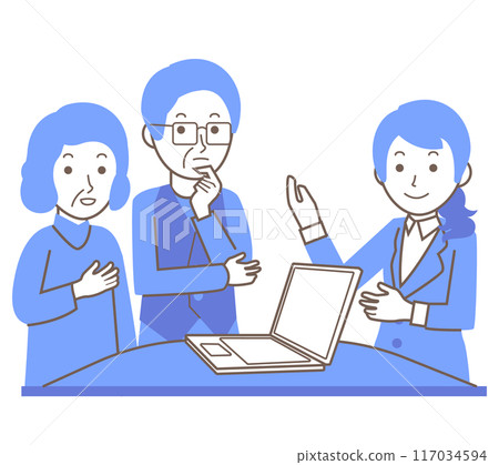 Illustration of a female employee serving an elderly couple 117034594
