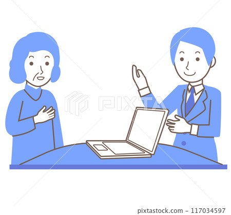 一名男性員工為老年婦女服務的插圖 117034597