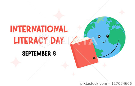 International Literacy Day September 8 celebration. Cute cartoon Earth planet holding and reading open book. Vector flat illustration. Holiday poster, banner, card International Literacy Day September 8 celebration. Cute cartoon Earth planet holding and reading open book. Vector flat illustration. Holiday poster, banner, card 117034666