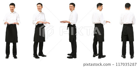 Full-body cutout of a male restaurant staff wearing an apron Full-body cutout of a male restaurant staff wearing an apron 117035287