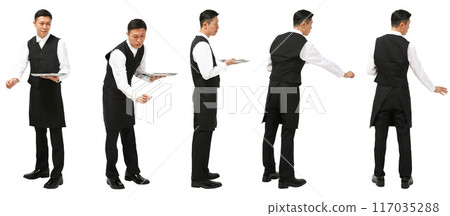 Full-body cutout of a male restaurant staff wearing a vest Full-body cutout of a male restaurant staff wearing a vest 117035288