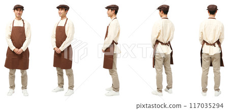 Shop assistant apron hunting hat male full body cutout 117035294