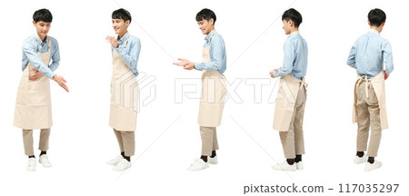 Full body cutout of a male cafe clerk wearing an apron Full body cutout of a male cafe clerk wearing an apron 117035297