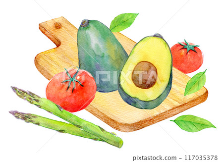 Vegetables on a cutting board watercolor illustration Vegetables on a cutting board watercolor illustration 117035378