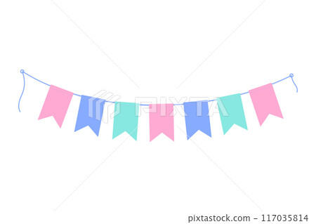 Garland on rope of colorful flags in trendy soft shades. Isolated on white. Greeting design concept 117035814