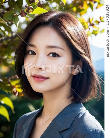 Young woman standing in front of a tree 117035924