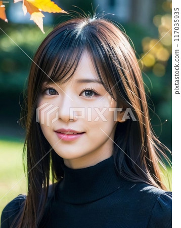 Young woman in nature with autumn leaves 117035935