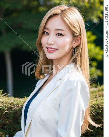 Young woman in white coat in nature 117035995