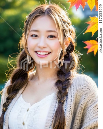 Young woman in front of autumn leaves Young woman in front of autumn leaves 117035999