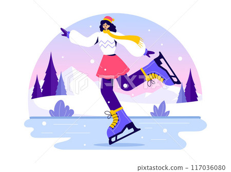 Ice Skating Vector Illustration of Winter Fun Outdoor Sports Activities on an Ice Rink with Seasonal Outerwear in a Flat Style Cartoon Background 117036080