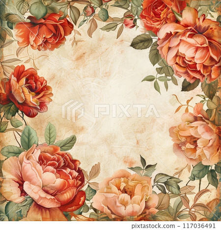 Vintage Floral Border with Cream Background and Red Roses 117036491