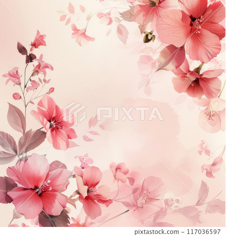 Watercolor Floral Border with Pink Flowers and Leaves on a Cream Background 117036597