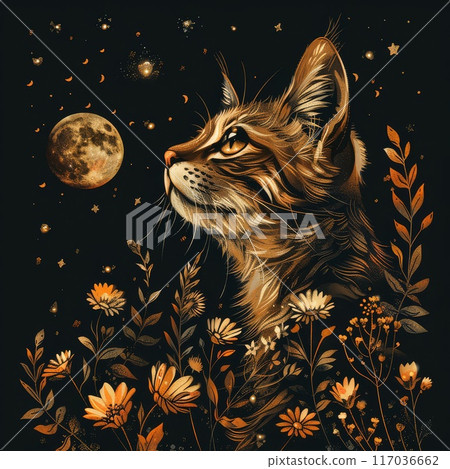 Golden Cat Gazing at the Full Moon with Floral Surroundings 117036662