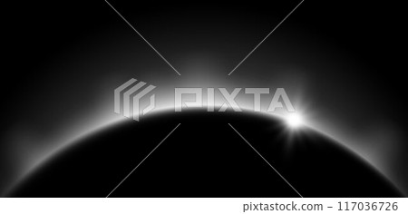 White planet eclipse concept. Solar light silver glare effect. Glowing sunrise horizon in dark space. Shining edge earth halo. Vector illustration design for poster, banner, cover, brochure, booklet 117036726