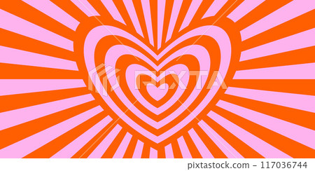 Retro trippy psychedelic background. Red and pink groovy heart with ray burst wallpaper. Vintage colorful hippie tunnel poster. Hypnotic love vibe concept. Vector valentine backdrop 117036744