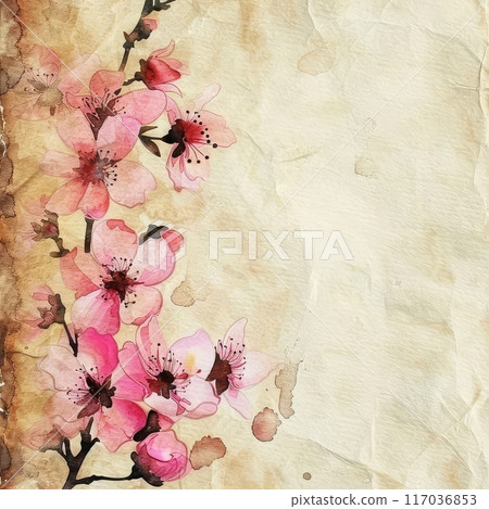 Watercolor Painting of Pink Cherry Blossoms on Vintage Paper 117036853
