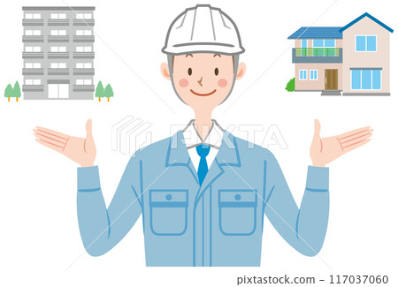 A man in work clothes proposing the choice between a detached house or an apartment, construction, architecture A man in work clothes proposing the choice between a detached house or an apartment, construction, architecture 117037060