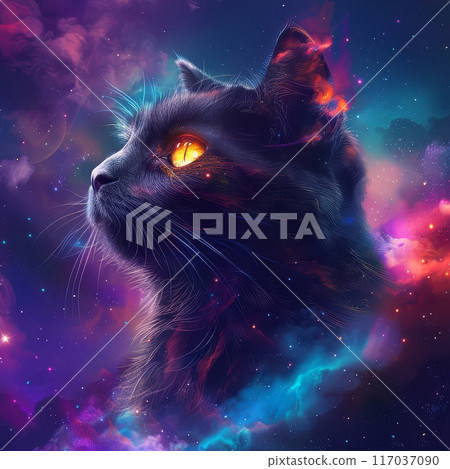 Cosmic Cat with Glowing Eye and Nebula Background Cosmic Cat with Glowing Eye and Nebula Background 117037090