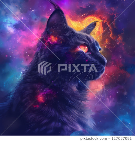 Cosmic Cat Portrait with Glowing Eye and Nebula Background 117037091