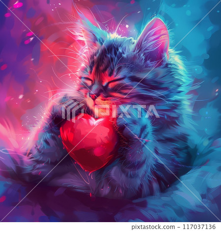 A Cute Kitten Holding a Red Heart in a Neon Glow 117037136