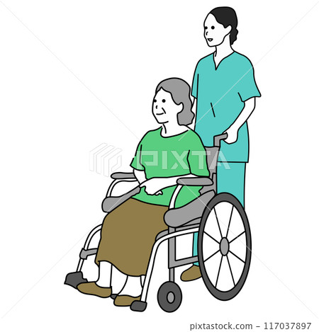 A woman in a wheelchair and her caregiver 117037897