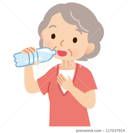 老年婦女飲用瓶裝水、健康、中暑 老年婦女飲用瓶裝水、健康、中暑 117037914
