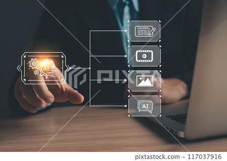 Man touch icon ai and use laptop, Marketers education, research, analyze media video streaming content creation and online marketing strategies to grow their digital business. 117037916