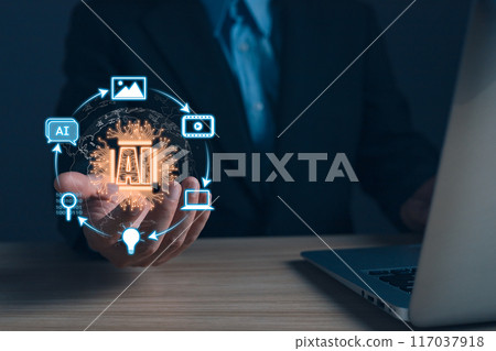 Man hold icon ai and use laptop, Marketers education, research, analyze media video streaming content creation and online marketing strategies to grow their digital business. 117037918