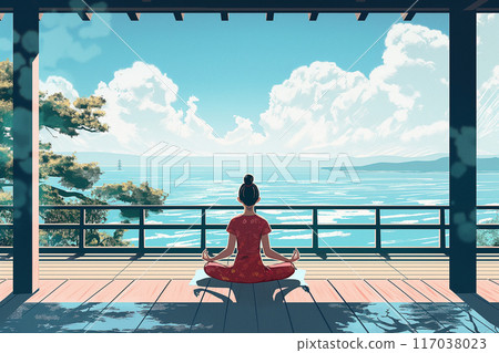 Woman doing yoga on a terrace with a sea view 117038023