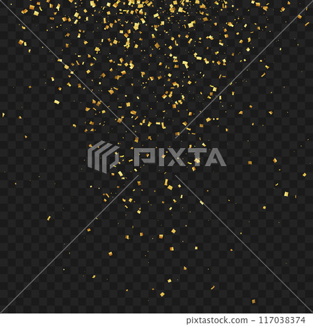 Gold confetti falling on a transparent background with black grid. Vector 117038374
