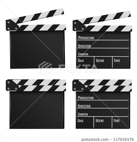 Four clapperboards with open and closed states, featuring production details. Vector 117038376