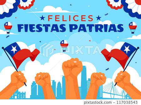 Translation : Happy Chile Independence Day Vector Illustration. with Waving Flag and Ribbon in National Holiday Flat Style Cartoon Background Translation : Happy Chile Independence Day Vector Illustration. with Waving Flag and Ribbon in National Holiday Flat Style Cartoon Background 117038543