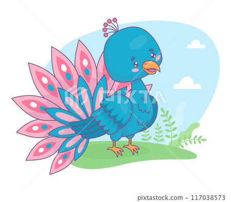 Cute peacock character in clearing. Funny cartoon kawaii blue tropical bird. Vector illustration 117038573
