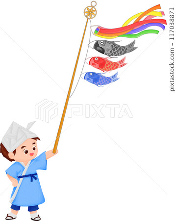 Japanese Koinobori carp streamer and child	 117038871