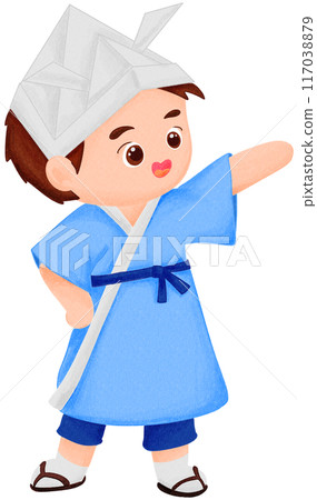 Boy wearing Kabuto Origami Hat 117038879