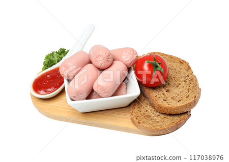 PNG,Small sausages in a bowl with bread and tomatoes isolated on white background PNG,Small sausages in a bowl with bread and tomatoes isolated on white background 117038976