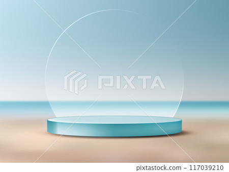 3D Minimalist Blue Podium with Circular Glass Backdrop on Serene Beach Scene, Modern Product Display 3D Minimalist Blue Podium with Circular Glass Backdrop on Serene Beach Scene, Modern Product Display 117039210