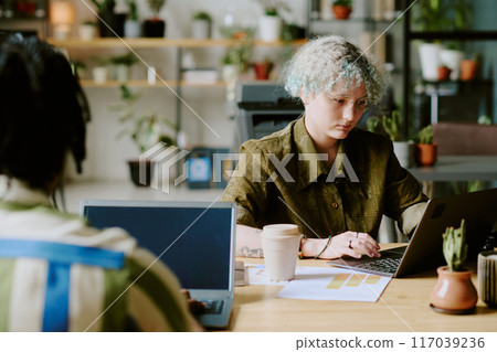 Over shoulder shot of gen Z female developer wearing eyeglasses sitting in front of her colleague working on laptop 117039236