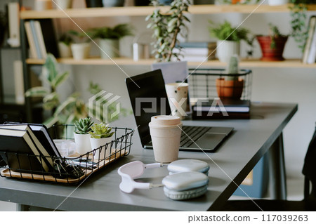 No people shot of part office interior with laptop, coffee cup, headphones and office supplies on desk, houseplants on shelves in background 117039263