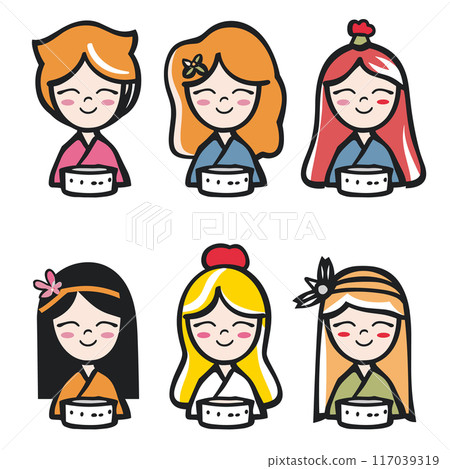 Six cartoon girls wearing traditional Asian attire, smiles present, character distinct, featuring different hairstyles kimono colors. Simple, cheerful expressions eyes closed adorned hair Six cartoon girls wearing traditional Asian attire, smiles present, character distinct, featuring different hairstyles kimono colors. Simple, cheerful expressions eyes closed adorned hair 117039319