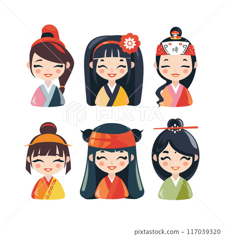 Set cute cartoon female characters dressed traditional Asian costumes smiling, character has unique hairstyle, headwear, colorful attire representing diverse cultural apparel, illustrations portray Set cute cartoon female characters dressed traditional Asian costumes smiling, character has unique hairstyle, headwear, colorful attire representing diverse cultural apparel, illustrations portray 117039320