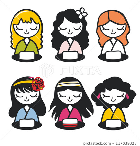 Six cartoon girls meditating, wearing different colored kimonos, girl has unique hairstyle hair accessory, eyes closed relaxation. Illustration captures diversity harmony, peace, meditation practice Six cartoon girls meditating, wearing different colored kimonos, girl has unique hairstyle hair accessory, eyes closed relaxation. Illustration captures diversity harmony, peace, meditation practice 117039325