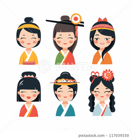 Six cartoon female characters, dressed traditional Asian attire. Characters display different hairstyles accessories varied expressions colors. Illustration set perfect representing diversity Six cartoon female characters, dressed traditional Asian attire. Characters display different hairstyles accessories varied expressions colors. Illustration set perfect representing diversity 117039330