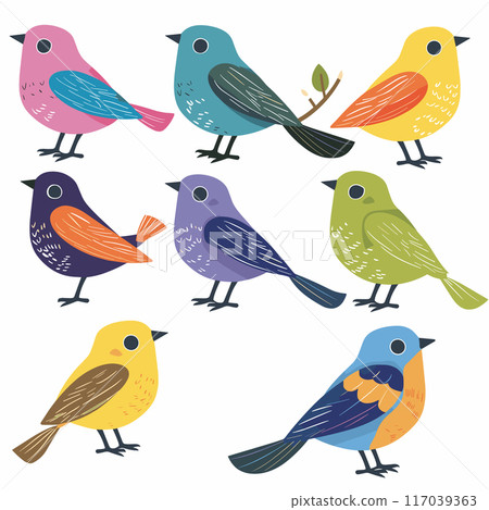 Collection colorful birds various poses, using whimsical art style. Set cute, stylized avian characters, perfect childrens book illustrations. Brightly colored songbirds isolated white background Collection colorful birds various poses, using whimsical art style. Set cute, stylized avian characters, perfect childrens book illustrations. Brightly colored songbirds isolated white background 117039363