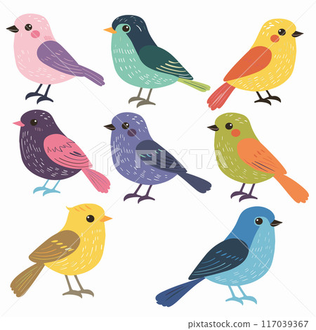 Colorful bird illustrations, differing color species. Cute cartoon birds various plumage patterns. Seven stylized birds, vibrant, isolated white background 117039367