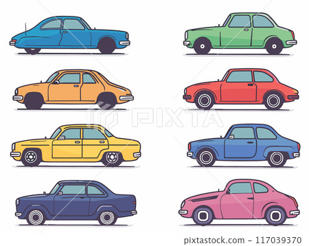 Vintage cars collection colorful side view. Set classic automobiles blue, green, orange, red, yellow, pink isolated white background. Retro vehicles illustration colorful flat design 117039370
