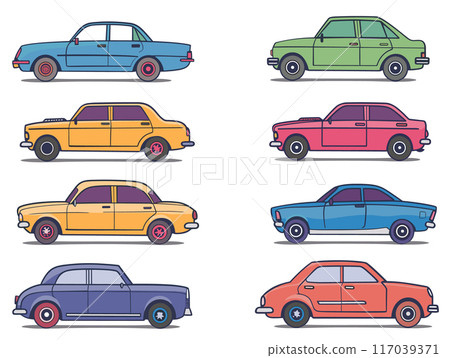 Vintage cars collection colorful flat design side view. Various classic cars blue, yellow, green, pink, orange colors. Set oldfashioned automobiles isolated white background 117039371