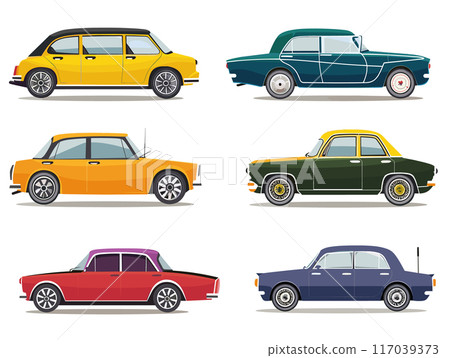 Classic vintage cars collection, colorful retro automobiles isolated white background. Side view yellow, blue, orange, red, green, navy classic cars, detailed vector illustration. Flat design style 117039373