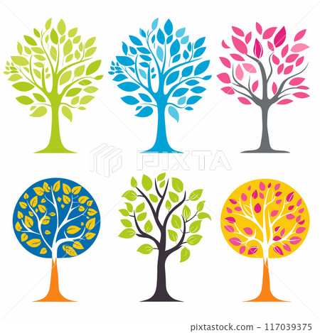 Six stylized trees vibrant colors seasonal change concept. Simple tree illustrations green blue pink leaves circular shapes design. Graphic trees different colors representing seasons ecology theme 117039375