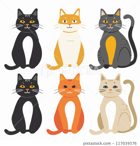 Six cute cartoon cats sitting, various colors patterns. Feline friends illustration, different coat designs, playful pet theme. Simple stylized cat characters, charming animal collection graphic Six cute cartoon cats sitting, various colors patterns. Feline friends illustration, different coat designs, playful pet theme. Simple stylized cat characters, charming animal collection graphic 117039376